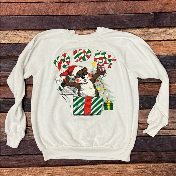 Vintage Merry Christmas Bear Ugly Xmas Sweater Sweatshirt 1980s - Picture 2 of 7